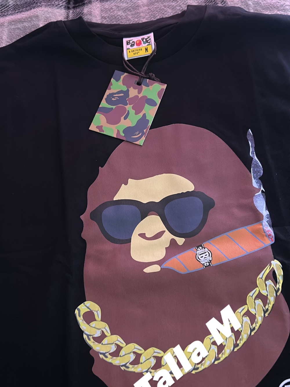 Bape Black Tee with Brown Ape Graphic, Gold Chain and Blue Sunglasses